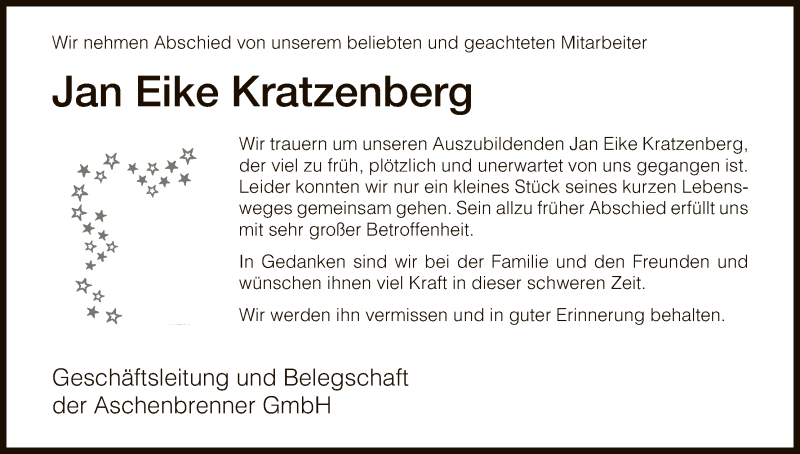  Traueranzeige für Jan Eike Kratzenberg vom 01.12.2017 aus HNA