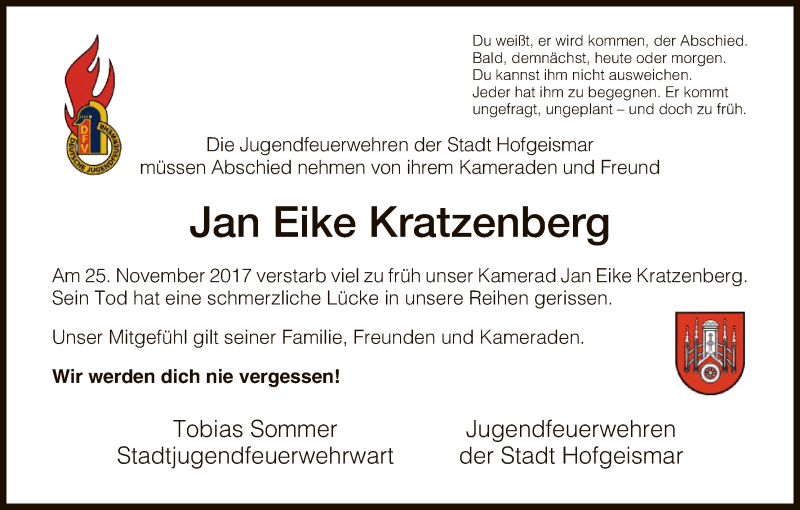  Traueranzeige für Jan Eike Kratzenberg vom 01.12.2017 aus HNA