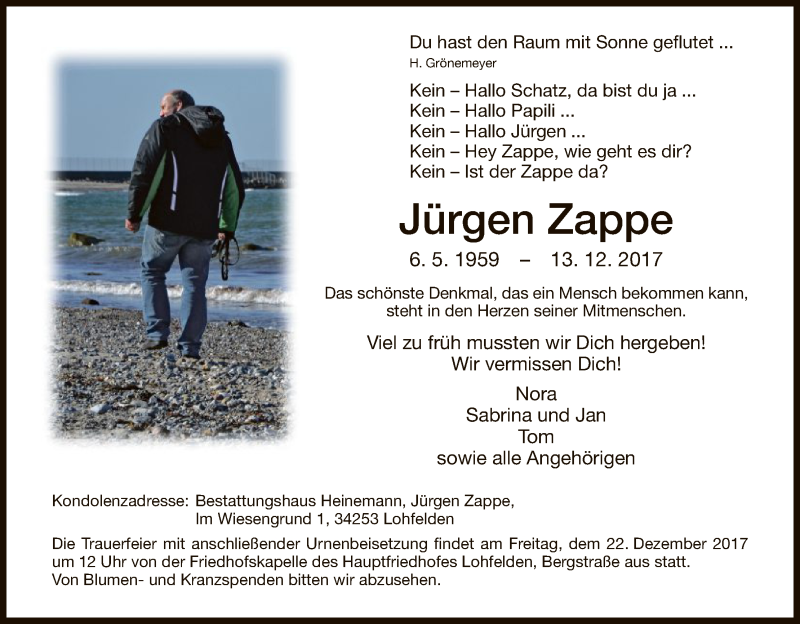  Traueranzeige für Jürgen Zappe vom 19.12.2017 aus HNA