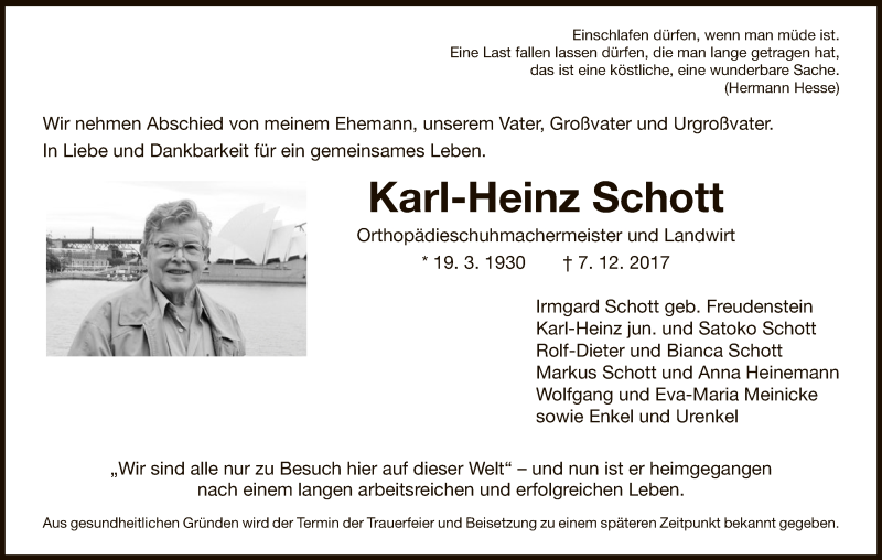  Traueranzeige für Karl-Heinz Schott vom 16.12.2017 aus HNA