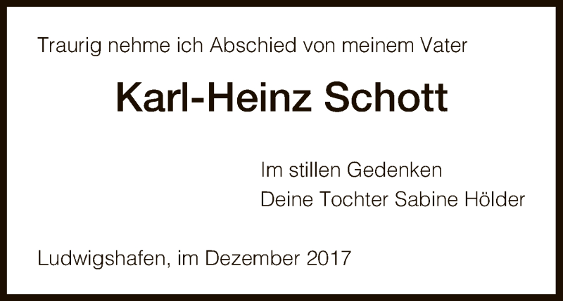  Traueranzeige für Karl-Heinz Schott vom 20.12.2017 aus HNA