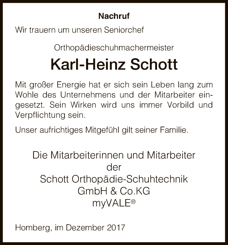 Traueranzeige für Karl-Heinz Schott vom 16.12.2017 aus HNA