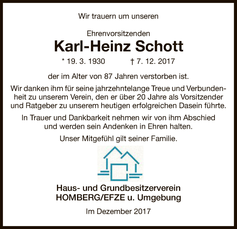  Traueranzeige für Karl-Heinz Schott vom 20.12.2017 aus HNA