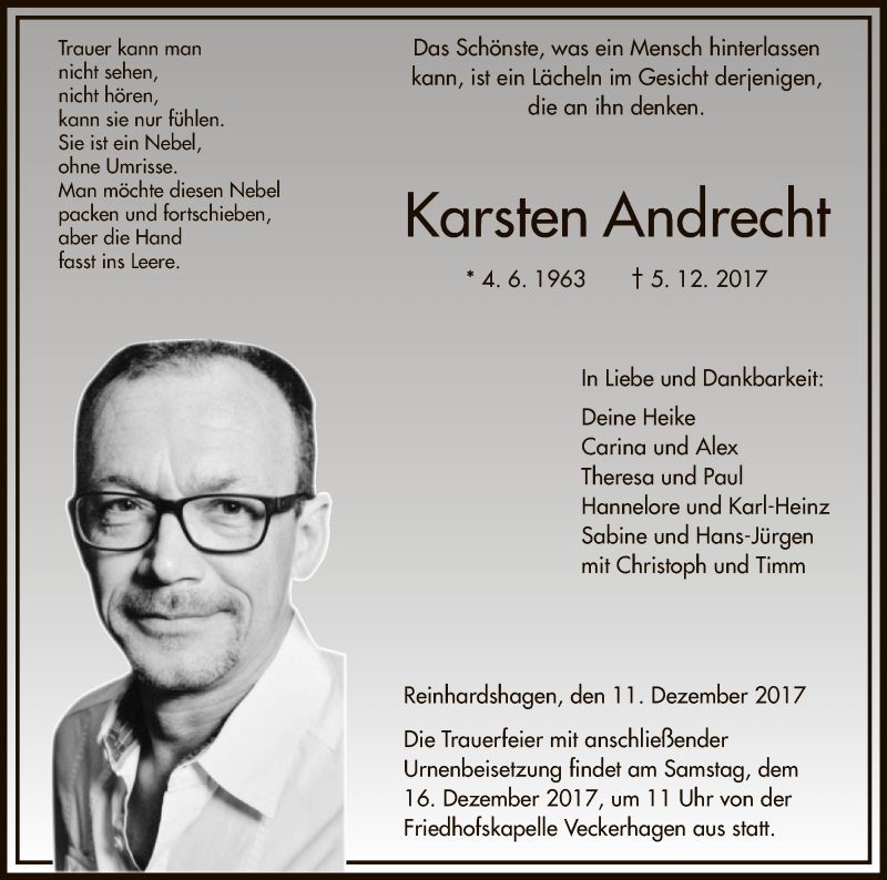  Traueranzeige für Karsten Andrecht vom 11.12.2017 aus HNA
