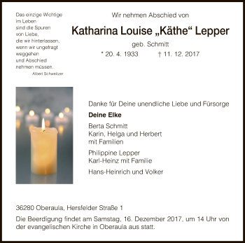 Traueranzeige von Katharina Louise Lepper von HNA