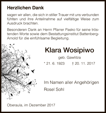 Traueranzeige von Klara Wosipiwo von HNA