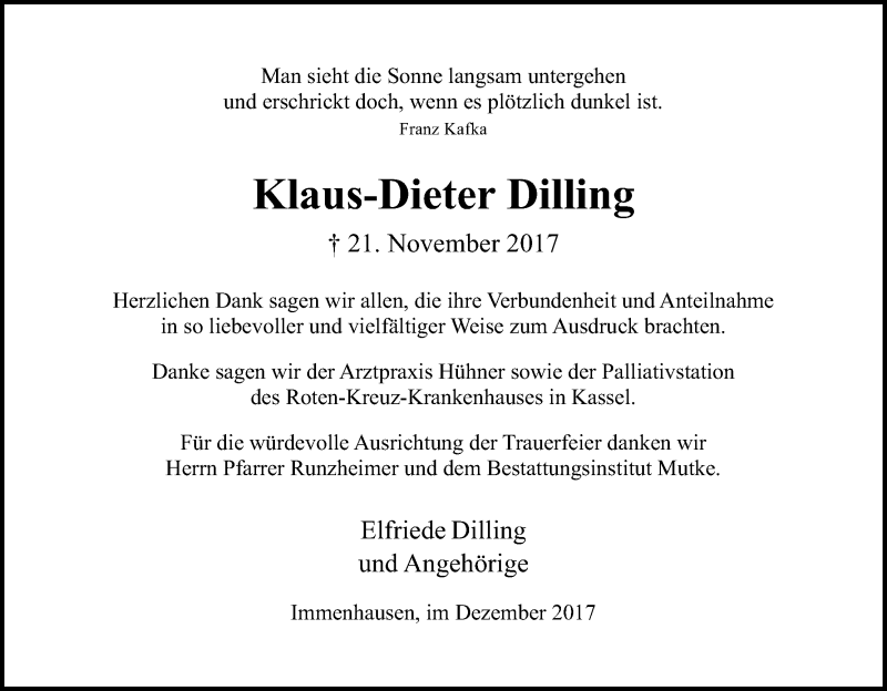  Traueranzeige für Klaus-Dieter Dilling vom 09.12.2017 aus HNA