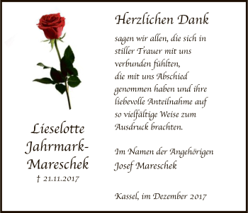 Traueranzeige von Lieselotte Jahrmark-Mareschek von HNA