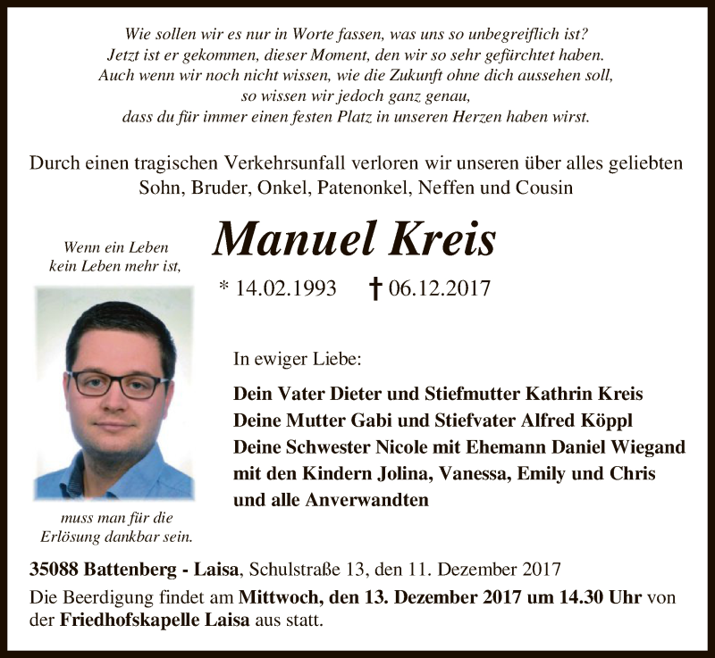  Traueranzeige für Manuel Kreis vom 11.12.2017 aus HNA