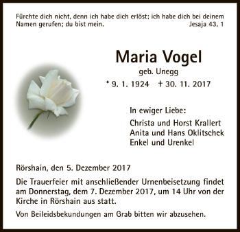 Traueranzeige von Maria Vogel von HNA