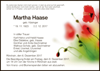 Traueranzeige von Martha Haase von HNA