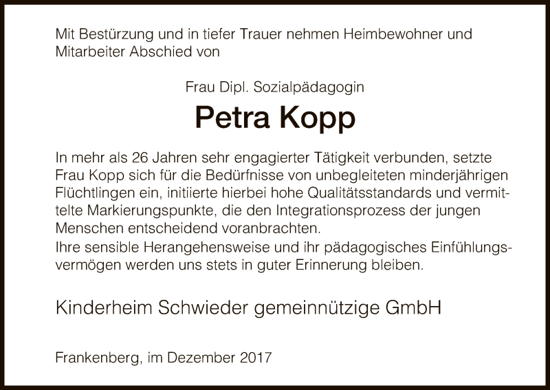  Traueranzeige für Petra Kopp vom 02.12.2017 aus HNA