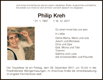 Traueranzeige von Philip Kreh von HNA