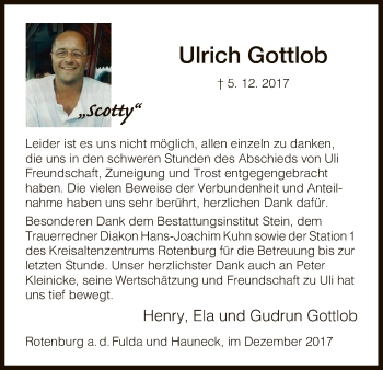 Traueranzeige von Ulrich Gottlob von HNA