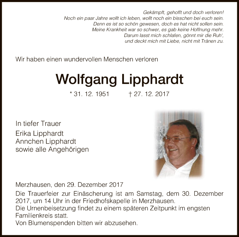  Traueranzeige für Wolfgang Lipphardt vom 29.12.2017 aus HNA