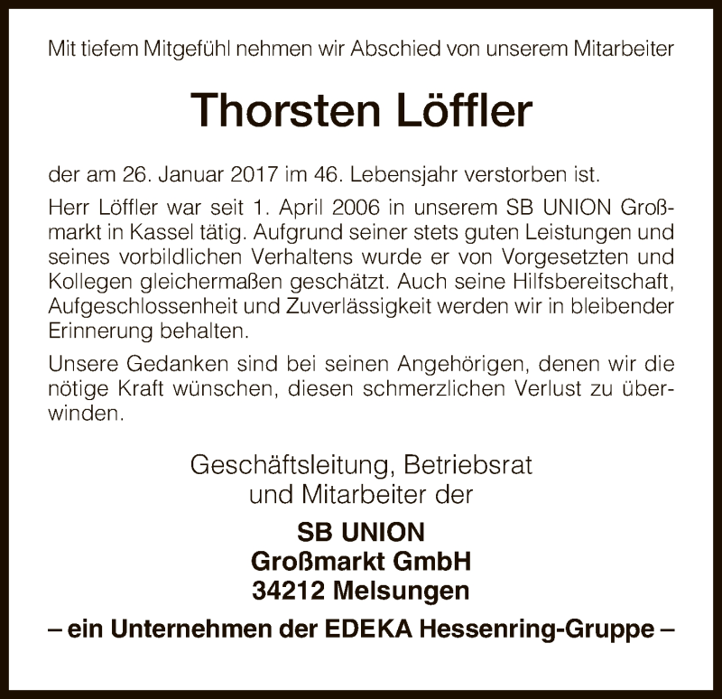  Traueranzeige für Thorsten Löffler vom 01.02.2017 aus HNA