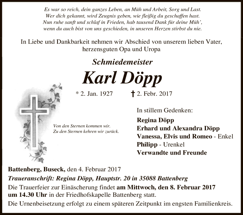  Traueranzeige für Karl Döpp vom 04.02.2017 aus HNA
