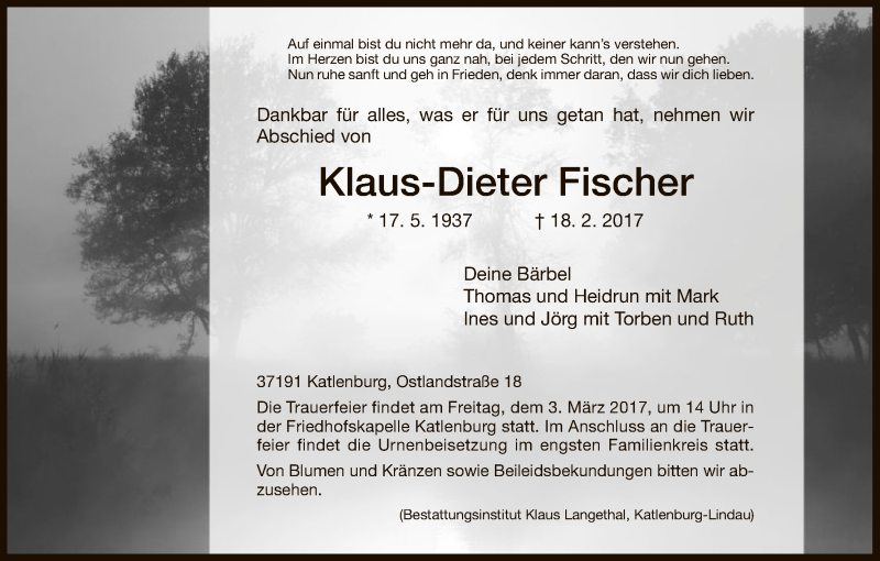  Traueranzeige für Klaus-Dieter Fischer vom 24.02.2017 aus HNA