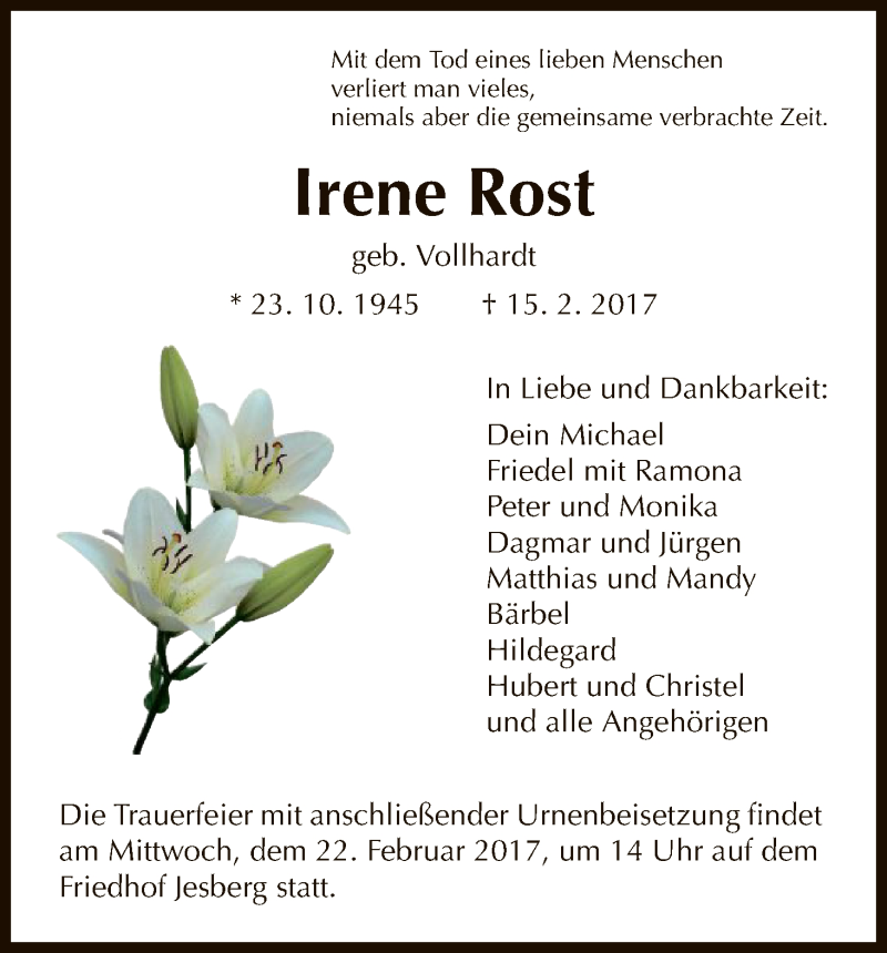  Traueranzeige für Irene Rost vom 20.02.2017 aus HNA