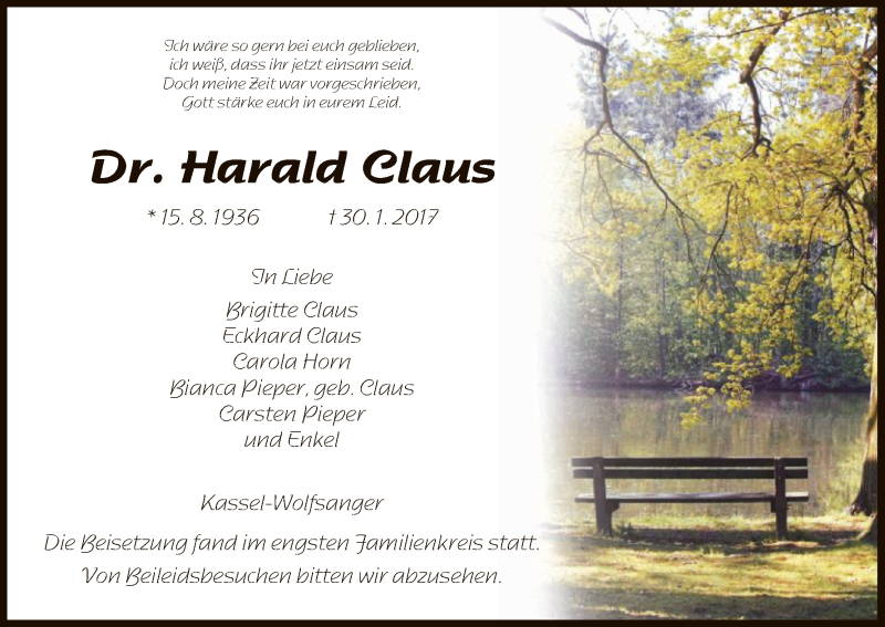  Traueranzeige für Harald Claus vom 04.02.2017 aus HNA