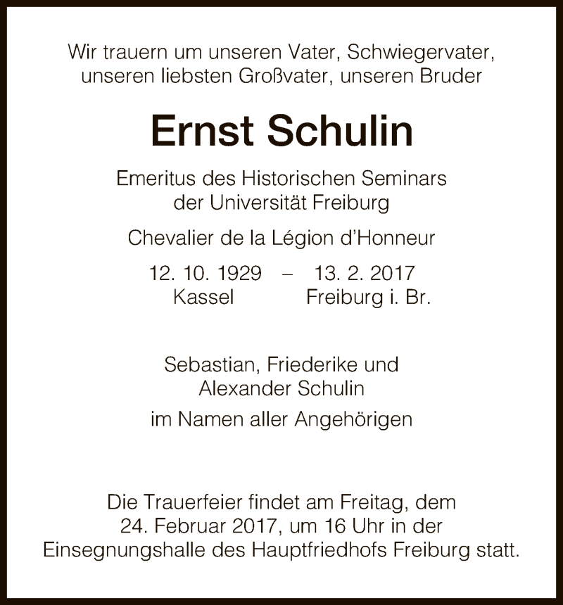  Traueranzeige für Ernst Schulin vom 18.02.2017 aus HNA