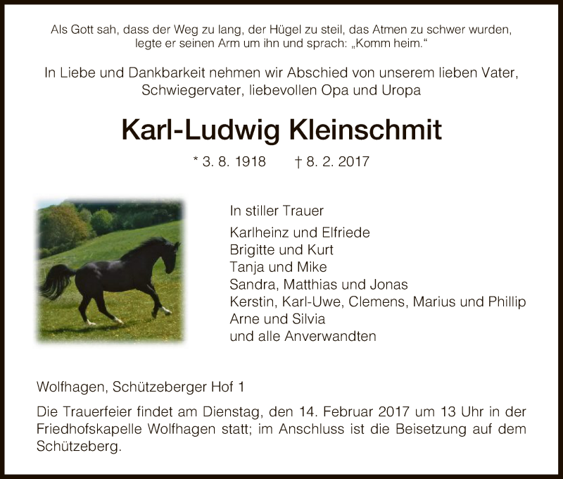  Traueranzeige für Karl-Ludwig Kleinschmit vom 11.02.2017 aus HNA