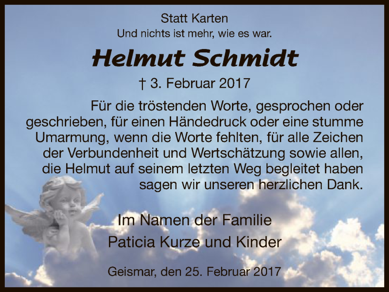  Traueranzeige für Helmut Schmidt vom 25.02.2017 aus HNA