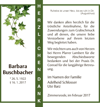 Traueranzeige von Barbara Buschbacher von HNA