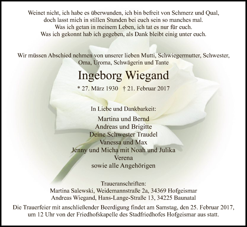  Traueranzeige für Ingeborg Wiegand vom 23.02.2017 aus HNA