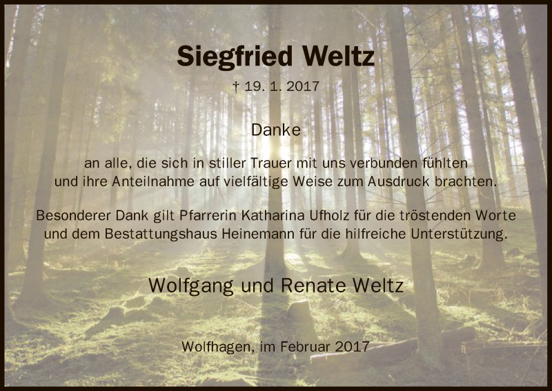  Traueranzeige für Siegfried Weltz vom 18.02.2017 aus HNA