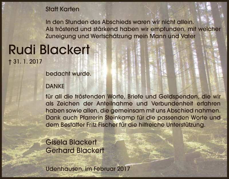  Traueranzeige für Rudi Blackert vom 25.02.2017 aus HNA