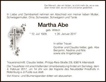 Traueranzeige von Martha Abe von HNA