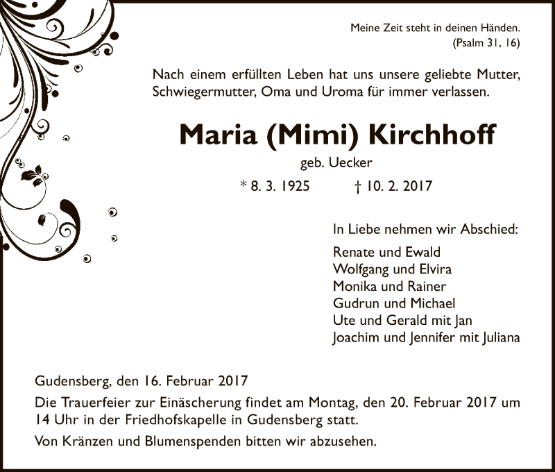  Traueranzeige für Maria Kirchhoff vom 16.02.2017 aus HNA