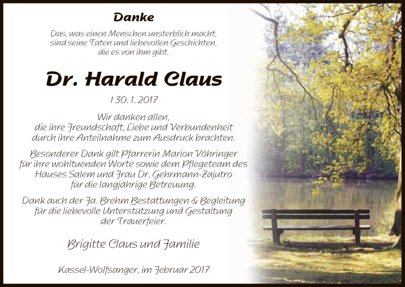  Traueranzeige für Harald Claus vom 25.02.2017 aus HNA