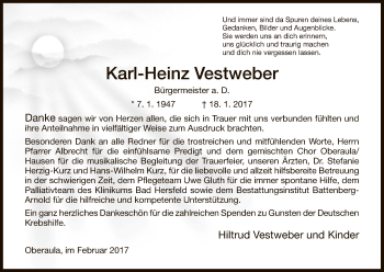 Traueranzeige von Karl-Heinz Vestweber von HNA