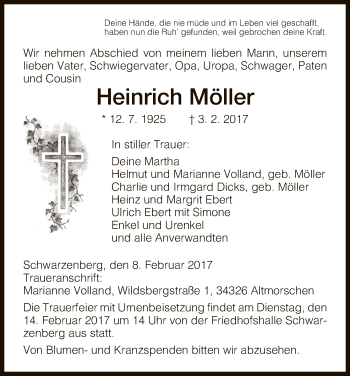 Traueranzeige von Heinrich Möller von HNA