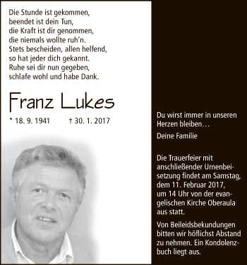 Traueranzeige von Franz Lukes von HNA