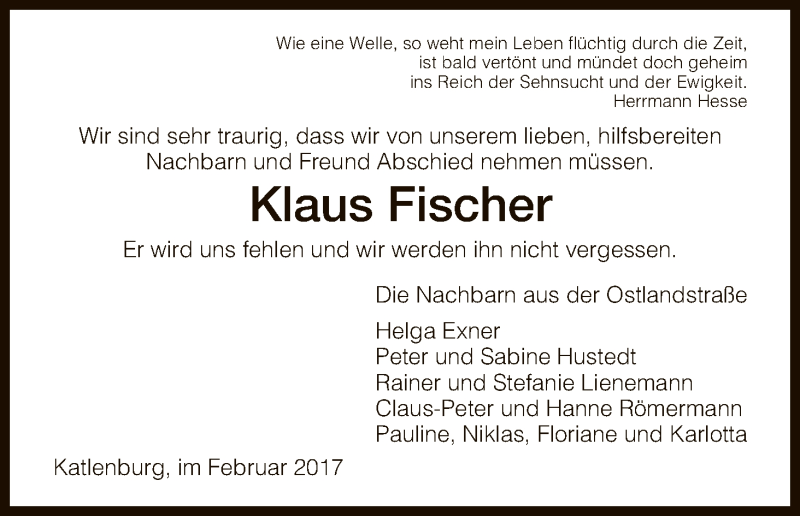  Traueranzeige für Klaus-Dieter Fischer vom 24.02.2017 aus HNA