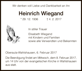 Traueranzeige von Heinrich Wiegand von HNA