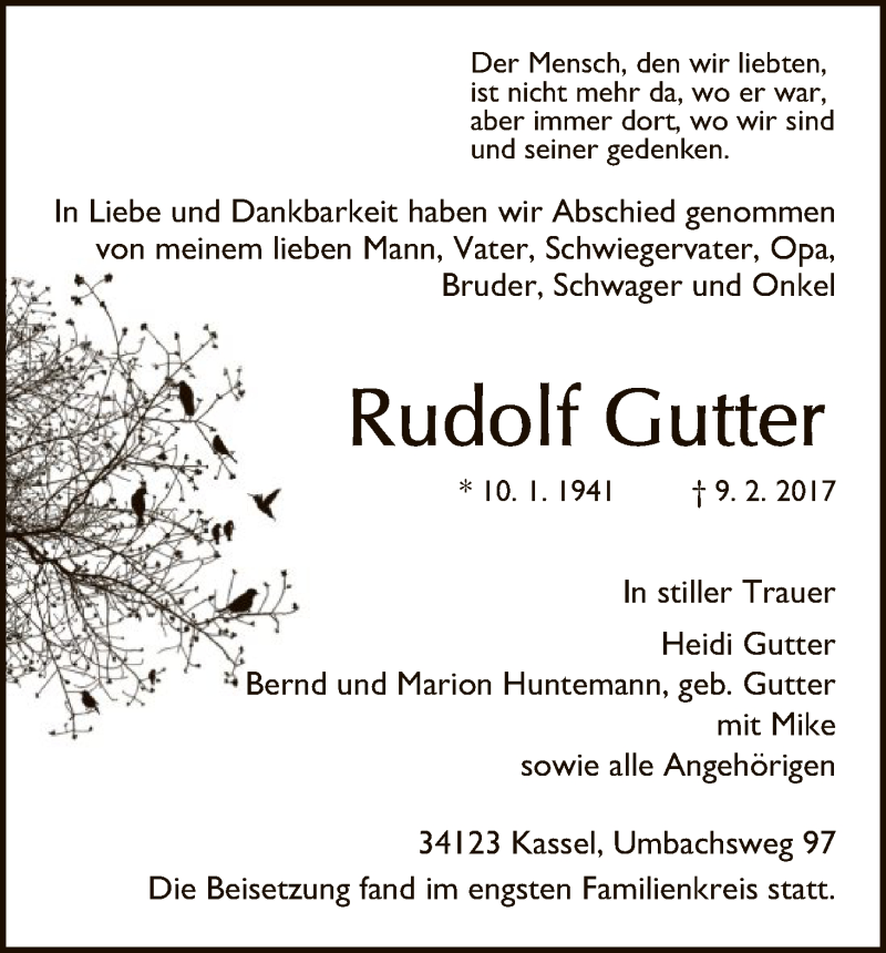  Traueranzeige für Rudolf Gutter vom 25.02.2017 aus HNA