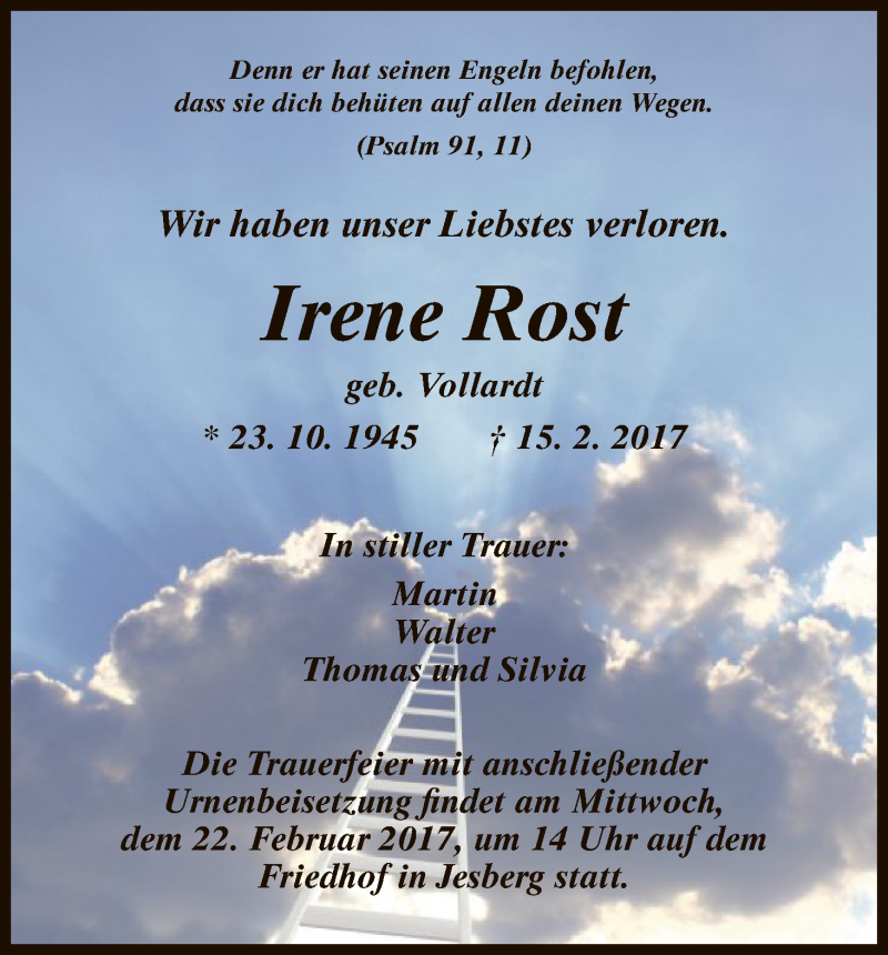  Traueranzeige für Irene Rost vom 18.02.2017 aus HNA