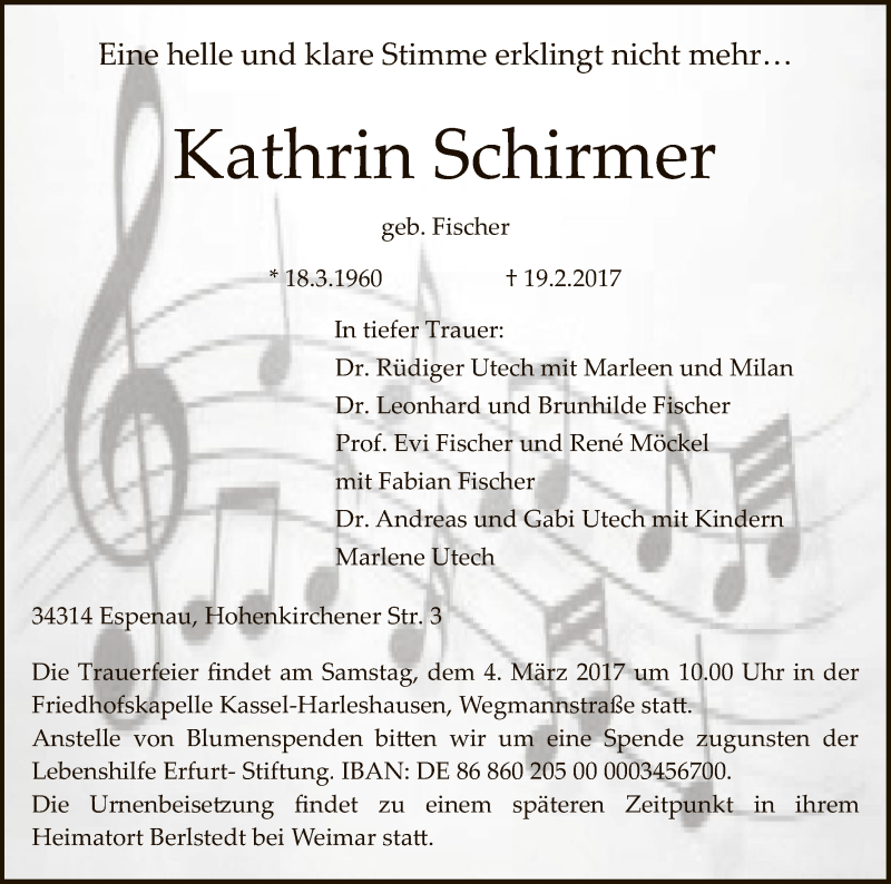  Traueranzeige für Kathrin Schirmer vom 27.02.2017 aus HNA