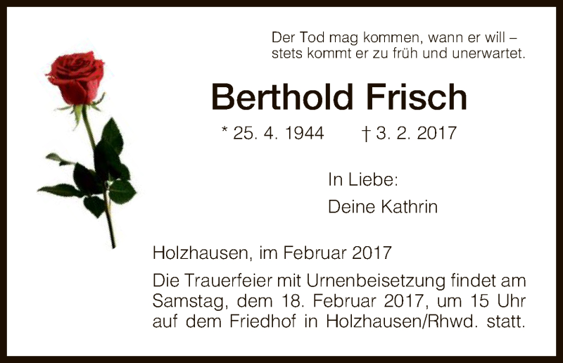  Traueranzeige für Berthold Frisch vom 14.02.2017 aus HNA
