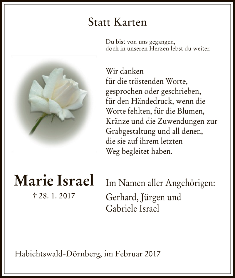  Traueranzeige für Marie Israel vom 18.02.2017 aus HNA