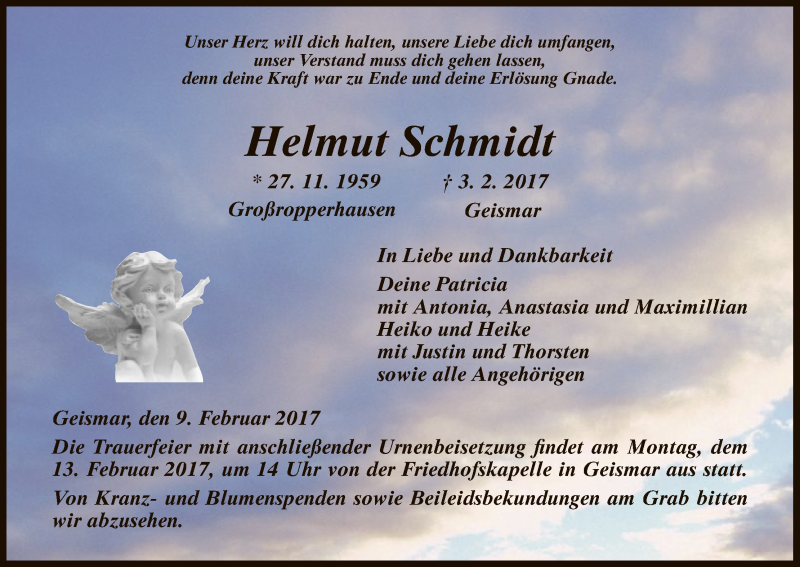  Traueranzeige für Helmut Schmidt vom 09.02.2017 aus HNA
