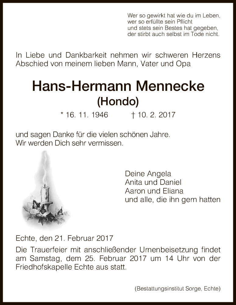  Traueranzeige für Hans-Hermann Mennecke vom 21.02.2017 aus HNA