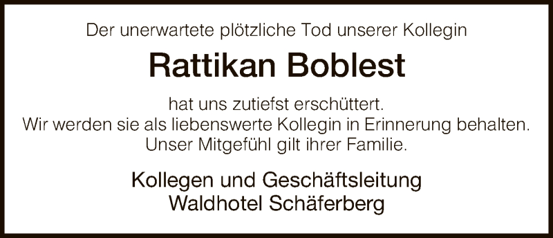  Traueranzeige für Rattikan Boblest vom 11.02.2017 aus HNA