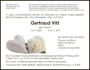 Traueranzeige von Gertraud Vitt von HNA