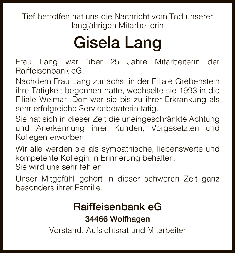  Traueranzeige für Gisela Lang vom 23.02.2017 aus HNA