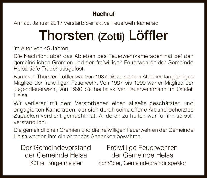  Traueranzeige für Thorsten Löffler vom 31.01.2017 aus HNA